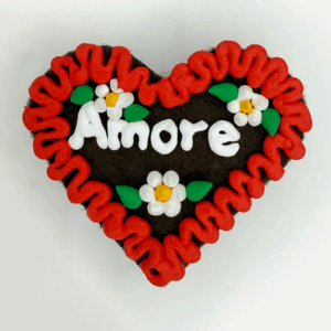 Original Münchner Wiesn-Filzherz "Amore" - erdbeerroter Rand, weiße Blumen