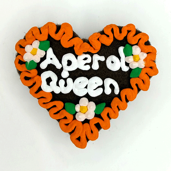 Original Münchner Wiesn-Filzherz "Aperol Queen" - oranger Rand, hellrosa Blumen