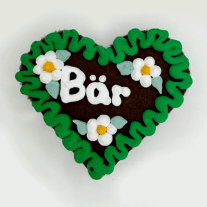 Original Münchner Wiesn-Filzherz "Bär" - grüner Rand, weiße Blumen