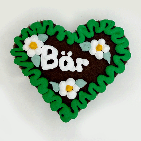 Original Münchner Wiesn-Filzherz "Bär" - grüner Rand, weiße Blumen