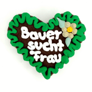 Original Münchner Wiesn-Filzherz "Bauer sucht Frau" - grüner Rand, beige Blumen