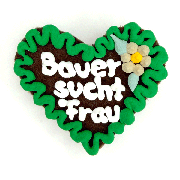 Original Münchner Wiesn-Filzherz "Bauer sucht Frau" - grüner Rand, beige Blumen