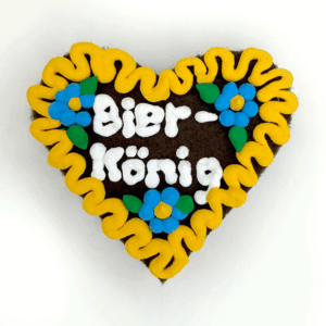Original Münchner Wiesn-Filzherz "Bier König" - gelber Rand, himmelblaue Blumen