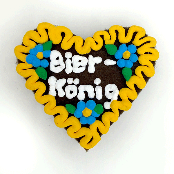 Original Münchner Wiesn-Filzherz "Bier König" - gelber Rand, himmelblaue Blumen