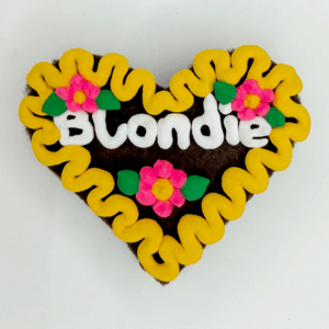 Original Münchner Wiesn-Filzherz "Blondie" - gelber Rand, pinke Blumen