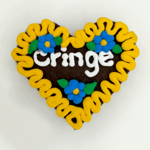 Original Münchner Wiesn-Filzherz "Cringe" - gelber Rand, blaue Blumen