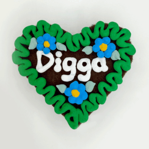 Original Münchner Wiesn-Filzherz "Digga" - grüner Rand, himmelblaue Blumen