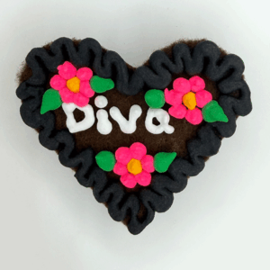 Original Münchner Wiesn-Filzherz "Diva" - schwarzer Rand, pinke Blumen