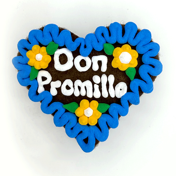 Original Münchner Wiesn-Filzherz "Don Promillo" - blauer Rand, gelbe Blumen