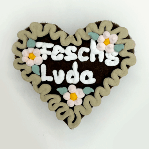 Original Münchner Wiesn-Filzherz "Feschs Luda" - beiger Rand, hellrosa Blumen