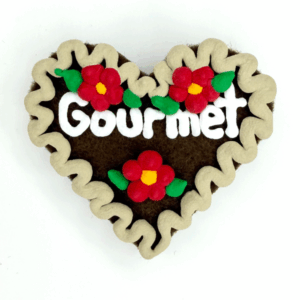 Original Münchner Wiesn-Filzherz "Gourmet" - beiger Rand, rubinrote Blumen