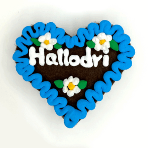 Original Münchner Wiesn-Filzherz "Hallodri" - himmelblauer Rand, weiße Blumen