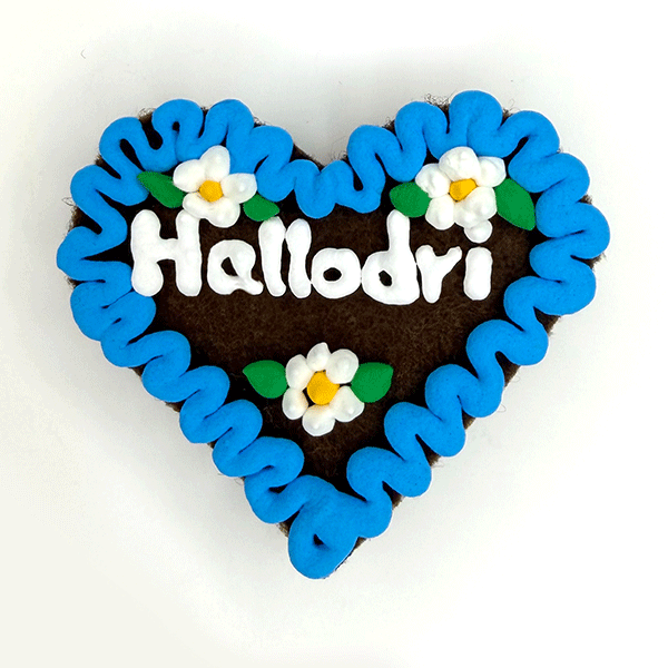 Original Münchner Wiesn-Filzherz "Hallodri" - himmelblauer Rand, weiße Blumen