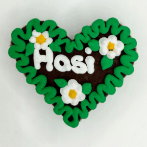 Original Münchner Wiesn-Filzherz "Hasi" - grüner Rand, weiße Blumen