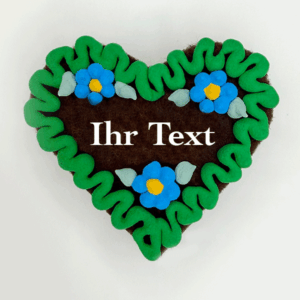 Original Münchner Wiesn-Filzherz "WUNSCHTEXT" - grüner Rand, himmelblaue Blumen