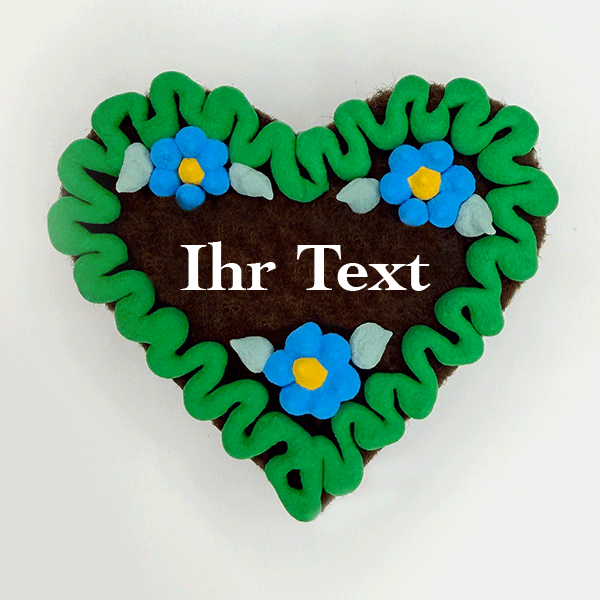 Original Münchner Wiesn-Filzherz "WUNSCHTEXT" - grüner Rand, himmelblaue Blumen