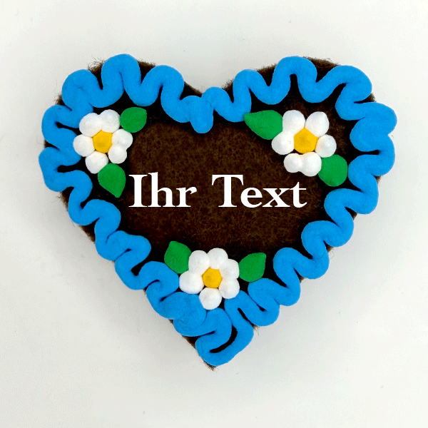 Original Münchner Wiesn-Filzherz "WUNSCHTEXT" - himmelblauer Rand, weiße Blumen