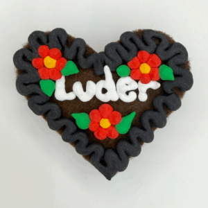 Original Münchner Wiesn-Filzherz "Luder" - schwarzer Rand, erdbeerrote Blumen