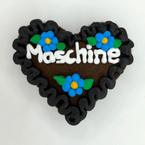 Original Münchner Wiesn-Filzherz "Maschine" - schwarzer Rand, himmelblaue Blumen