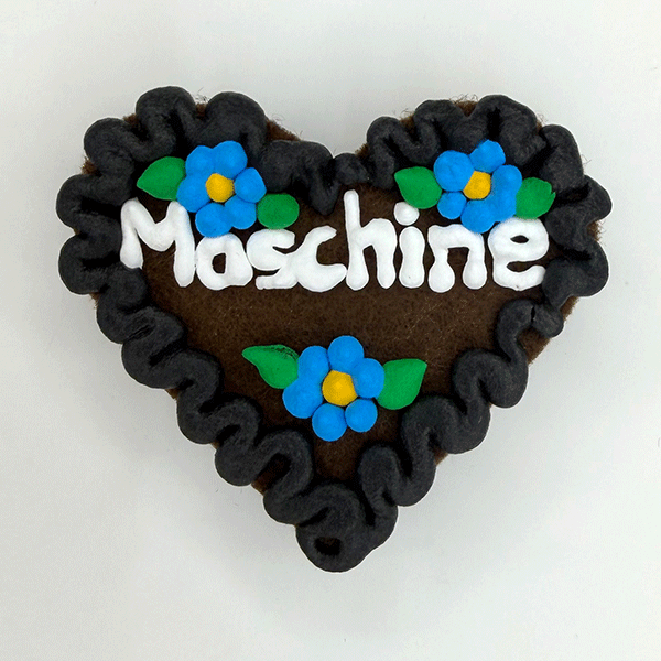Original Münchner Wiesn-Filzherz "Maschine" - schwarzer Rand, himmelblaue Blumen
