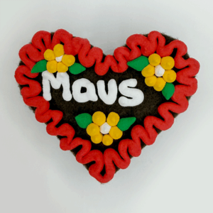 Original Münchner Wiesn-Filzherz "Maus" - erdbeerroter Rand, gelbe Blumen