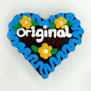 Original Münchner Wiesn-Filzherz "Original" - himmelblauer Rand, gelbe Blumen