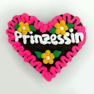 Original Münchner Wiesn-Filzherz "Prinzessin" - pinker Rand, gelbe Blumen
