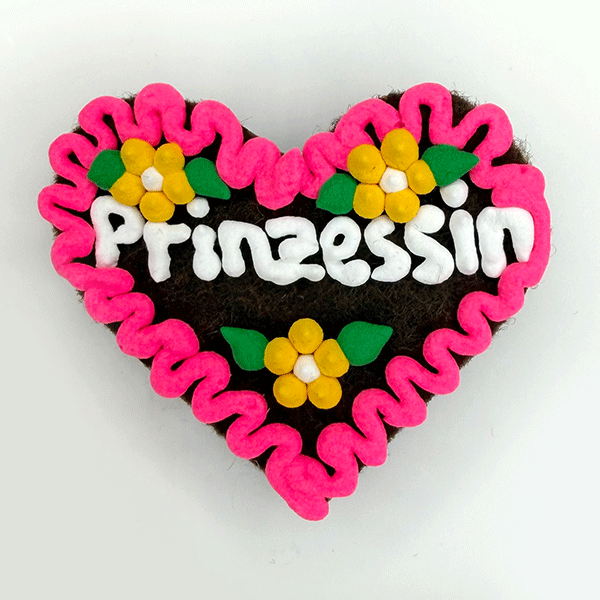 Original Münchner Wiesn-Filzherz "Prinzessin" - pinker Rand, gelbe Blumen