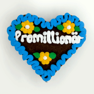 Original Münchner Wiesn-Filzherz "Promillionär" - himmelblauer Rand, gelbe Blumen