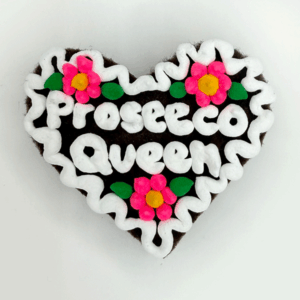 Original Münchner Wiesn-Filzherz "Prosecco Queen" - weißer Rand, pinke Blumen