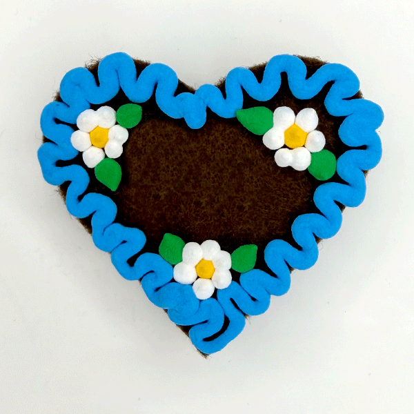 Original Münchner Wiesn-Filzherz "WUNSCHTEXT" - himmelblauer Rand, weiße Blumen – Bild 2