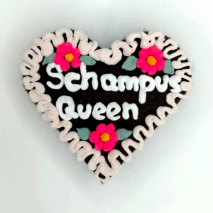 Original Münchner Wiesn-Filzherz "Schampus Queen" - hellrosaner Rand, pinke Blumen