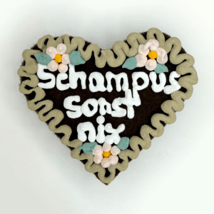 Original Münchner Wiesn-Filzherz "Schampus sonst nix" - beiger Rand, hellrosa Blumen