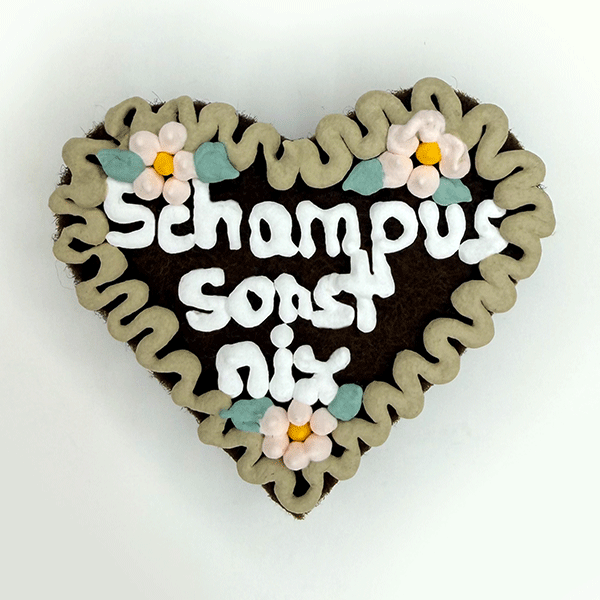 Original Münchner Wiesn-Filzherz "Schampus sonst nix" - beiger Rand, hellrosa Blumen
