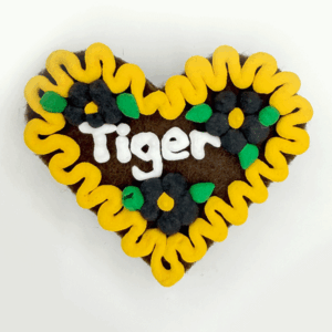 Original Münchner Wiesn-Filzherz "Tiger" - gelber Rand, schwarze Blumen