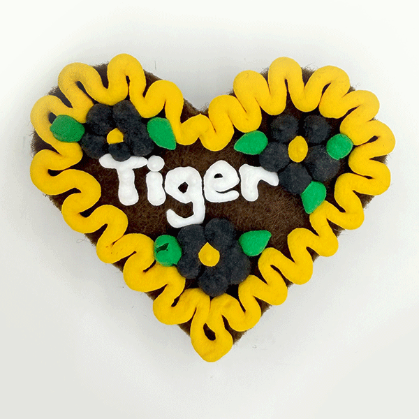 Original Münchner Wiesn-Filzherz "Tiger" - gelber Rand, schwarze Blumen