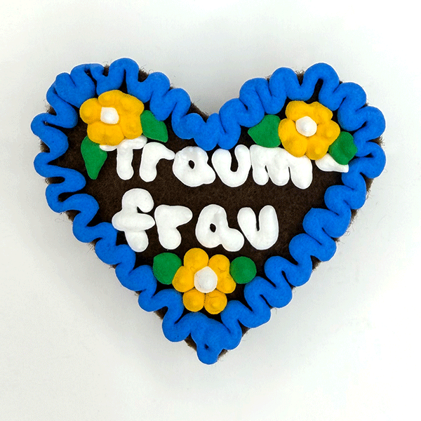 Original Münchner Wiesn-Filzherz "Traumfrau" - blauer Rand, gelbe Blumen