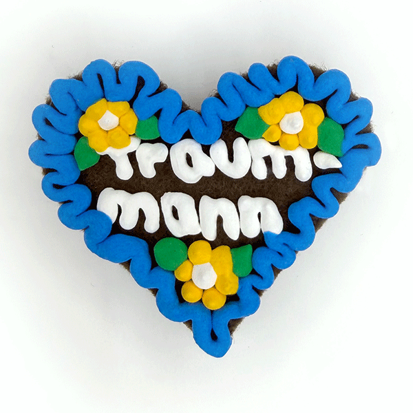Original Münchner Wiesn-Filzherz "Traummann" - blauer Rand, gelbe Blumen