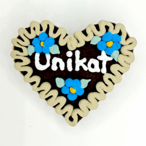 Original Münchner Wiesn-Filzherz "Unikat" - beiger Rand, himmelblaue Blumen