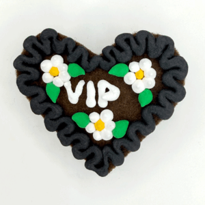 Original Münchner Wiesn-Filzherz "VIP" - schwarzer Rand, weiße Blumen