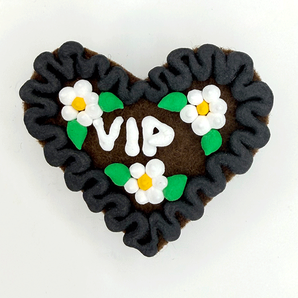 Original Münchner Wiesn-Filzherz "VIP" - schwarzer Rand, weiße Blumen