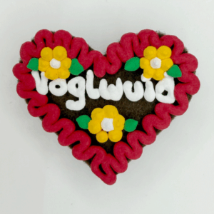 Original Münchner Wiesn-Filzherz "Voglwuid" - rubinroter Rand, gelbe Blumen