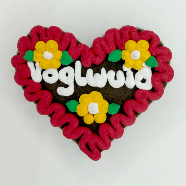 Original Münchner Wiesn-Filzherz "Voglwuid" - rubinroter Rand, gelbe Blumen