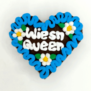 Original Münchner Wiesn-Filzherz "Wiesn Queen" - himmelblauer Rand, weiße Blumen