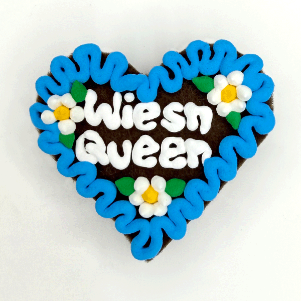 Original Münchner Wiesn-Filzherz "Wiesn Queen" - himmelblauer Rand, weiße Blumen