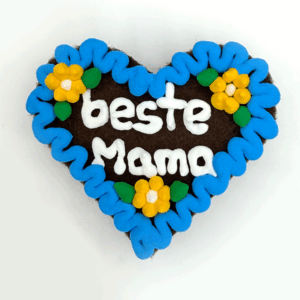 Original Münchner Wiesn-Filzherz "beste Mama" - himmelblauer Rand, gelbe Blumen