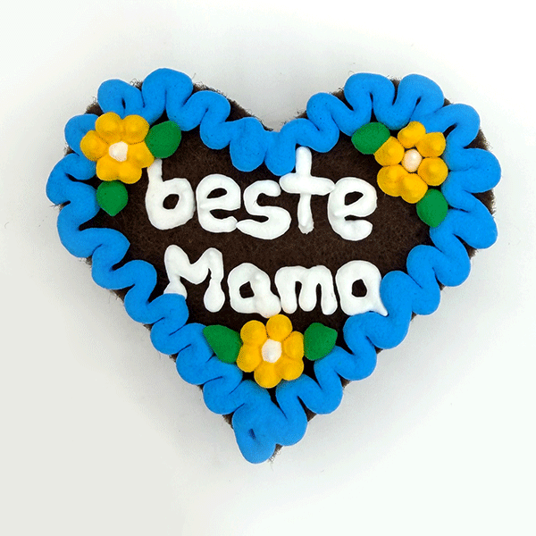Original Münchner Wiesn-Filzherz "beste Mama" - himmelblauer Rand, gelbe Blumen