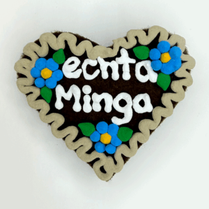 Original Münchner Wiesn-Filzherz "echta Minga" - beiger Rand, himmelblaue Blumen