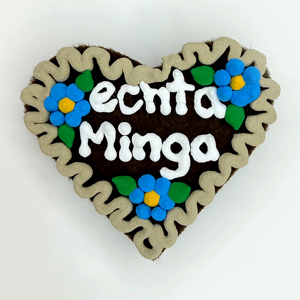 Original Münchner Wiesn-Filzherz "echta Minga" - beiger Rand, himmelblaue Blumen