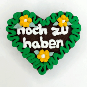 Original Münchner Wiesn-Filzherz "noch zu haben" - grüner Rand, gelbe Blumen